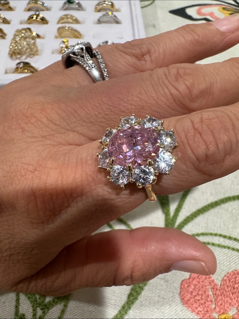 Elegant Pink Flower Halo Ring with Clear Accents